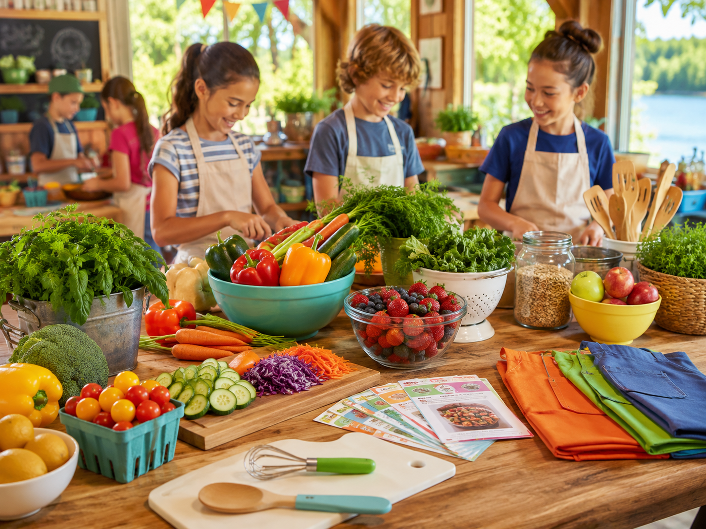 Kids cooking together in a bright kitchen class