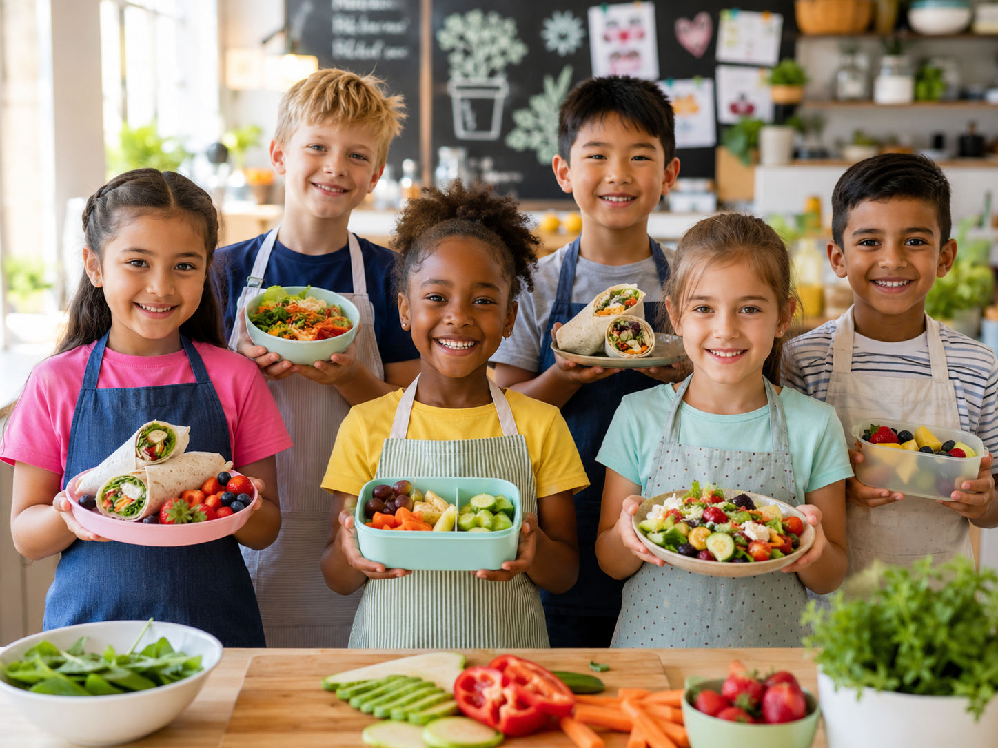 Kids proudly holding healthy meals they prepared